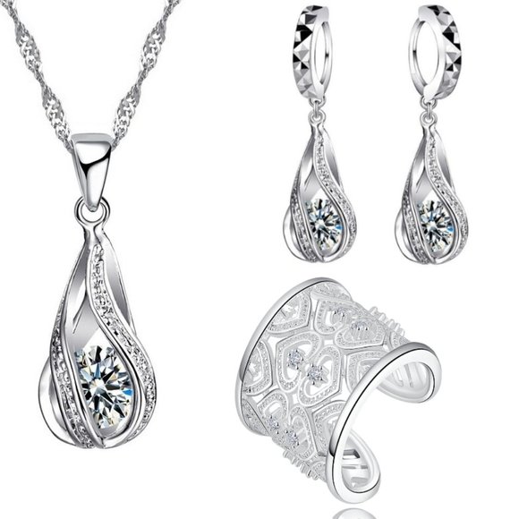 💎 NEW 💎 925 Sterling Silver Earrings Necklace And Ring Set Bundle Drop